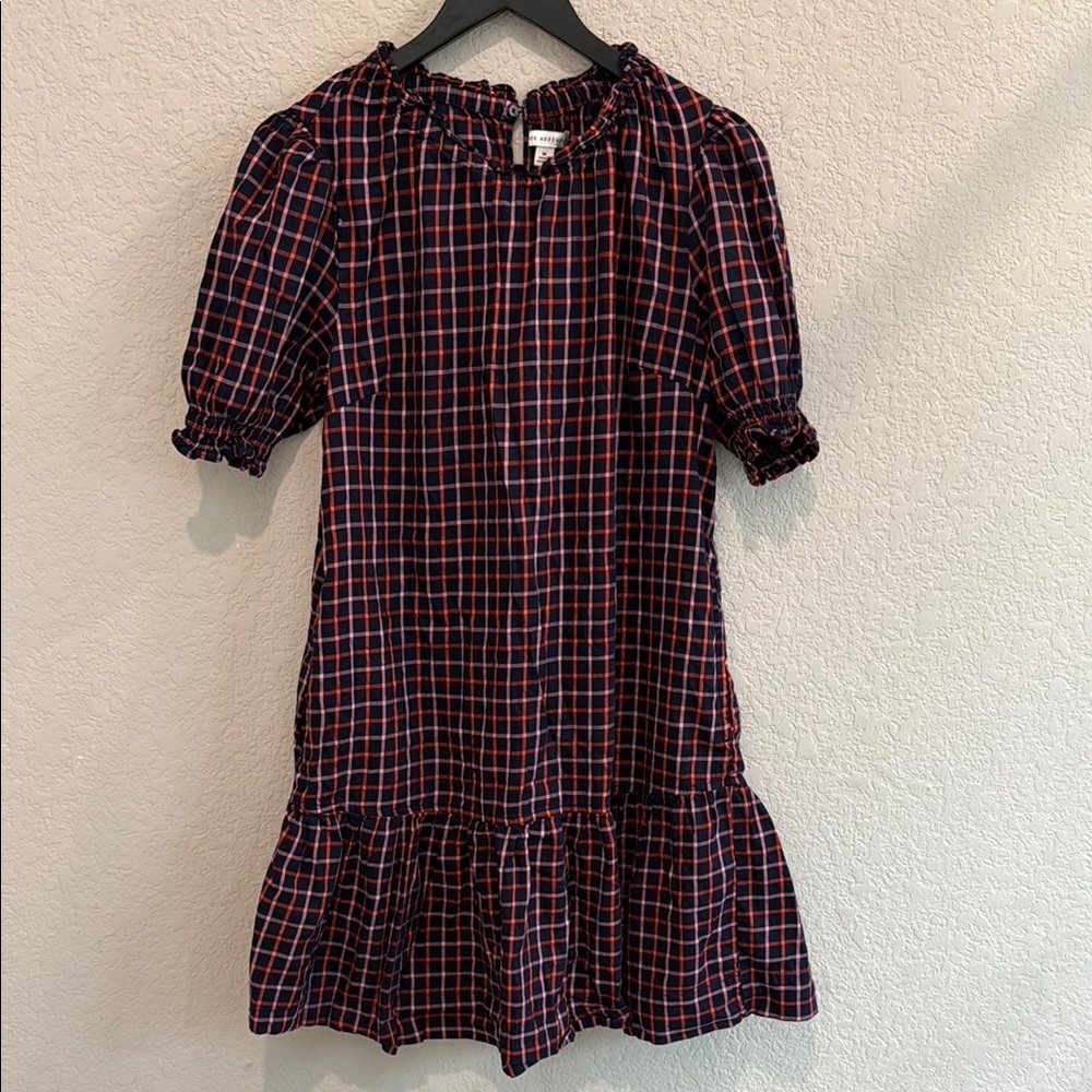 Plaid Puff-Sleeve Midi Dress in Navy and Red